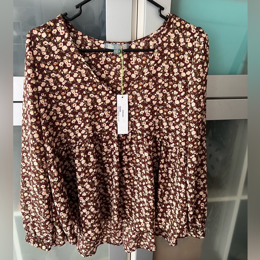 NWT Good Luck Gem Burgundy Floral Babydoll Blouse